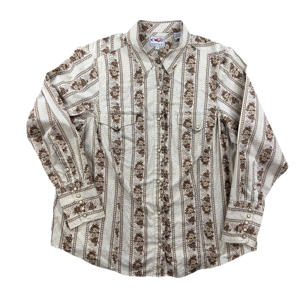 Roper Western‎ Pearl Snap Shirt Women 1X Tan Floral Stripe Cotton Cowgirl Top